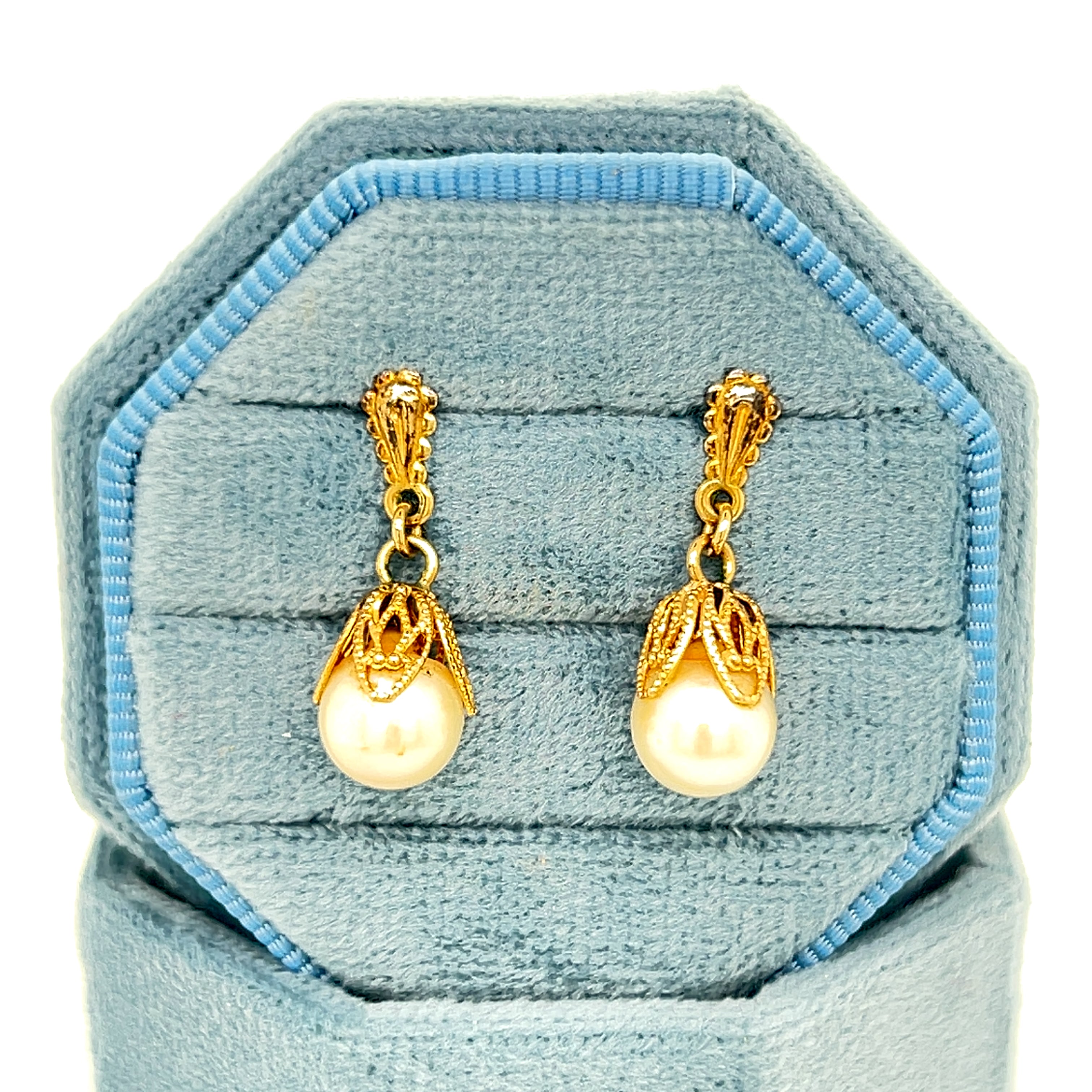 "Daffy" 14K Yellow Gold 7mm Pearl Estate Dangle Earrings