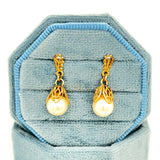"Daffy" 14K Yellow Gold 7mm Pearl Estate Dangle Earrings