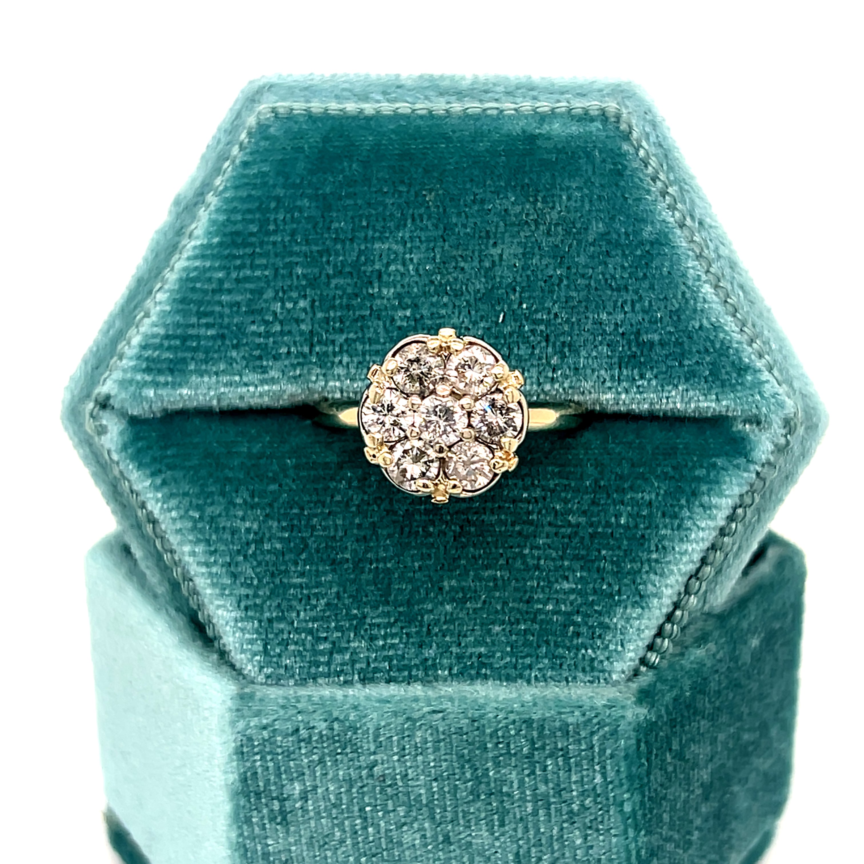 "Dawn" 14K Yellow Gold 1.05 Carat Total Weight 7-Diamond Cluster Ring Estate