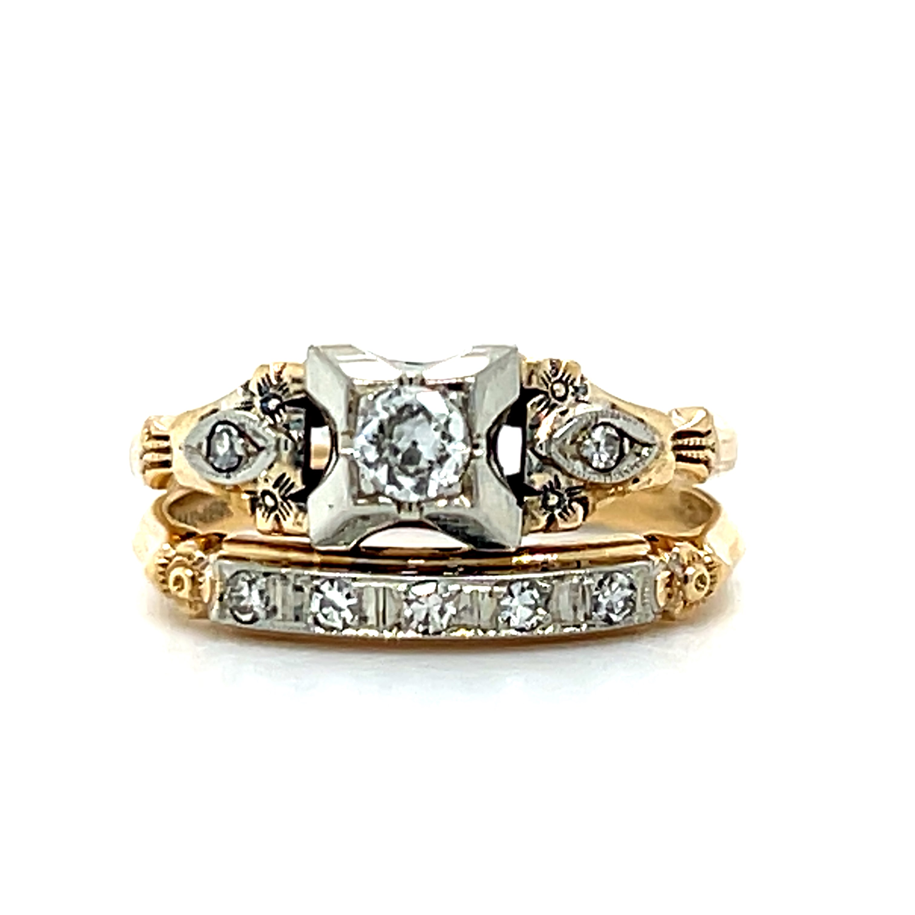 "Delphine" 14K Yellow Gold Diamond Vintage Wedding Set Estate