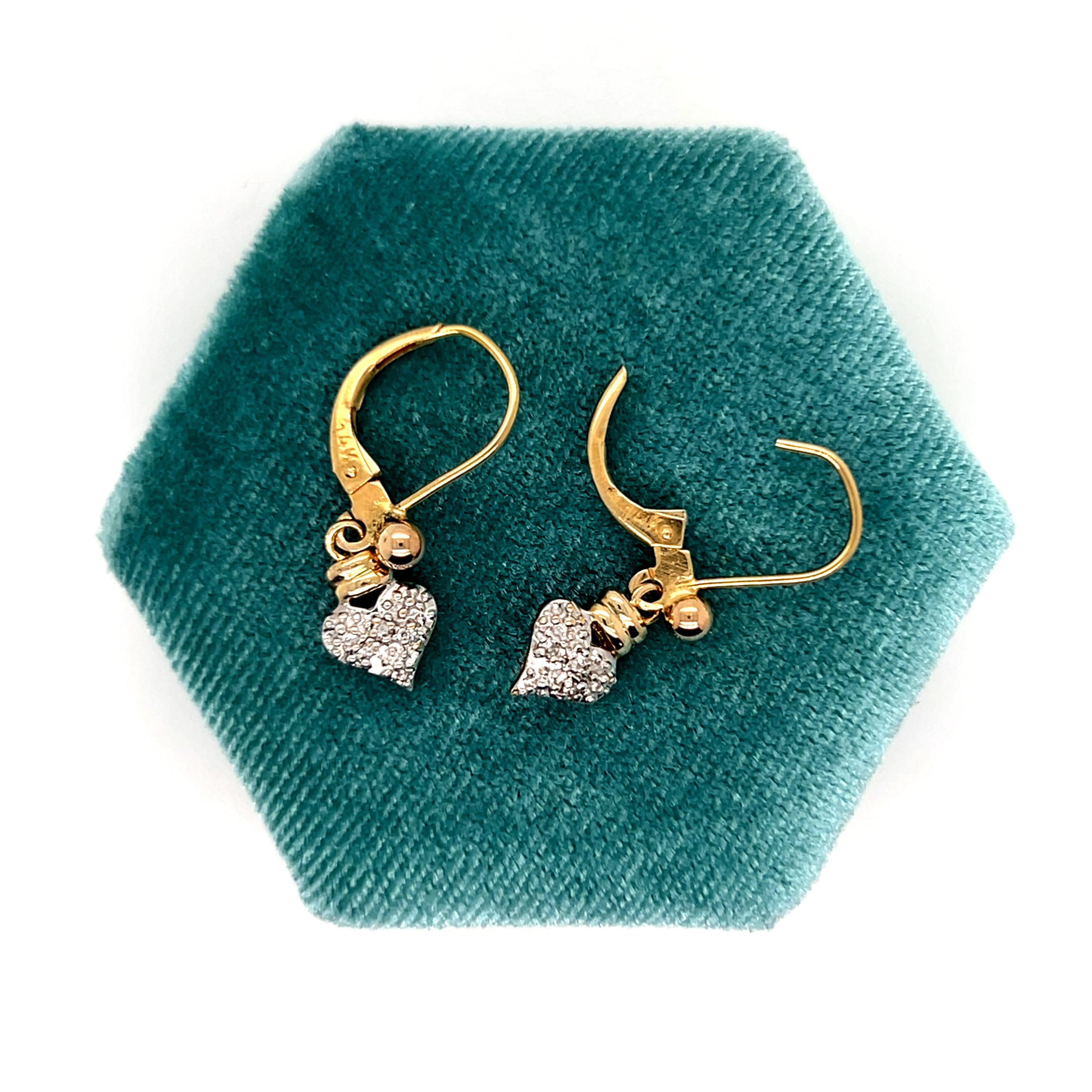 "Dove" 14K Yellow Gold Diamond Puff Heart Earrings Estate