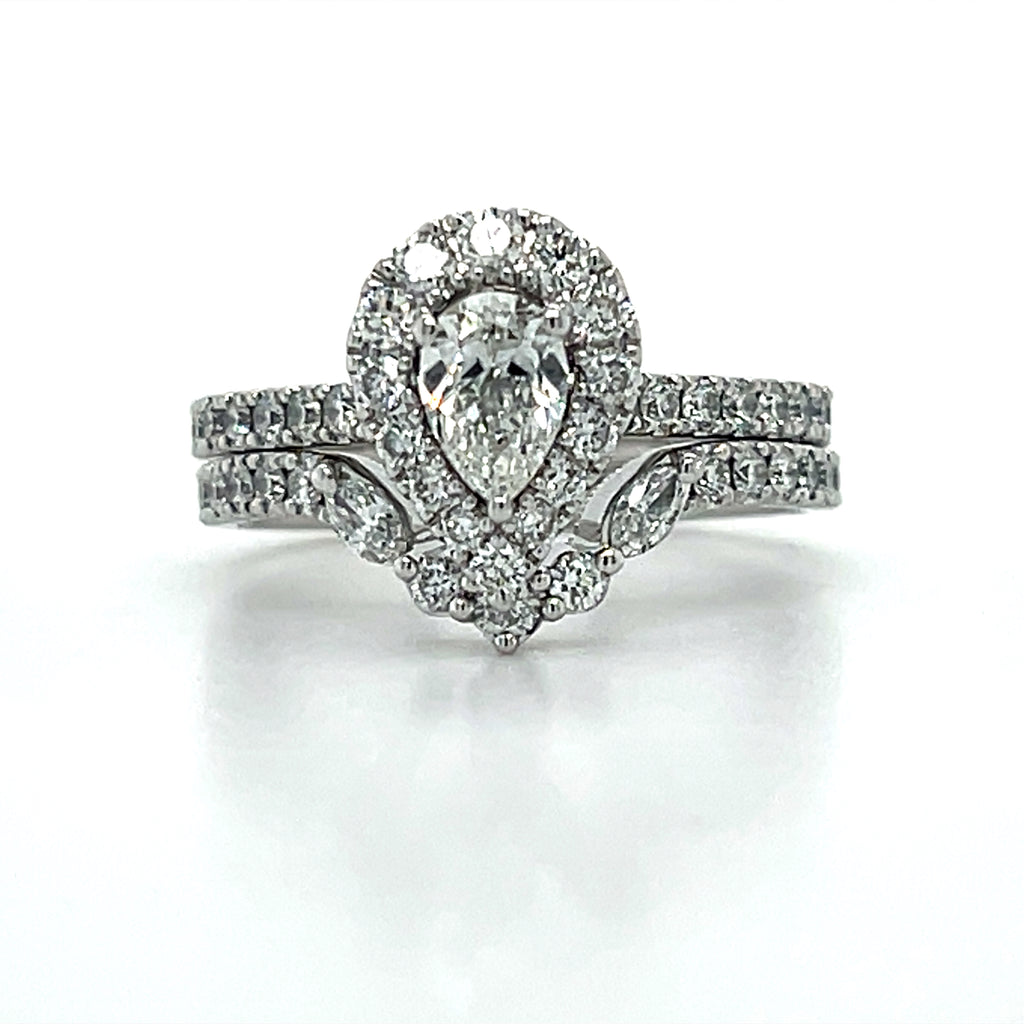 "Elsie" 14K White Gold 1.37CT Total Weight Diamond with a 1/2CT Pear Cut Center Engagement Ring and Wedding Band Set