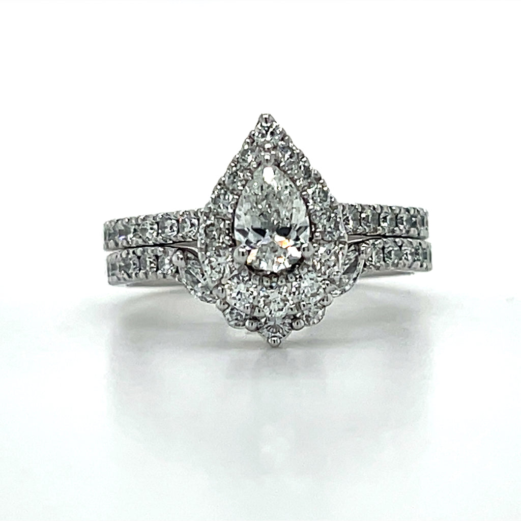 "Elsie" 14K White Gold 1.37CT Total Weight Diamond with a 1/2CT Pear Cut Center Engagement Ring and Wedding Band Set