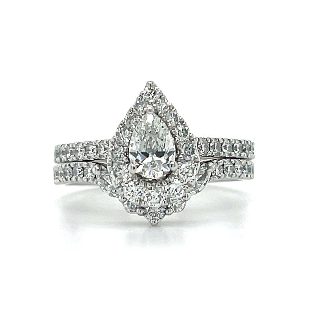 "Elsie" 14K White Gold 1.37CT Total Weight Diamond with a 1/2CT Pear Cut Center Engagement Ring and Wedding Band Set