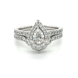 "Elsie" 14K White Gold 1.37CT Total Weight Diamond with a 1/2CT Pear Cut Center Engagement Ring and Wedding Band Set