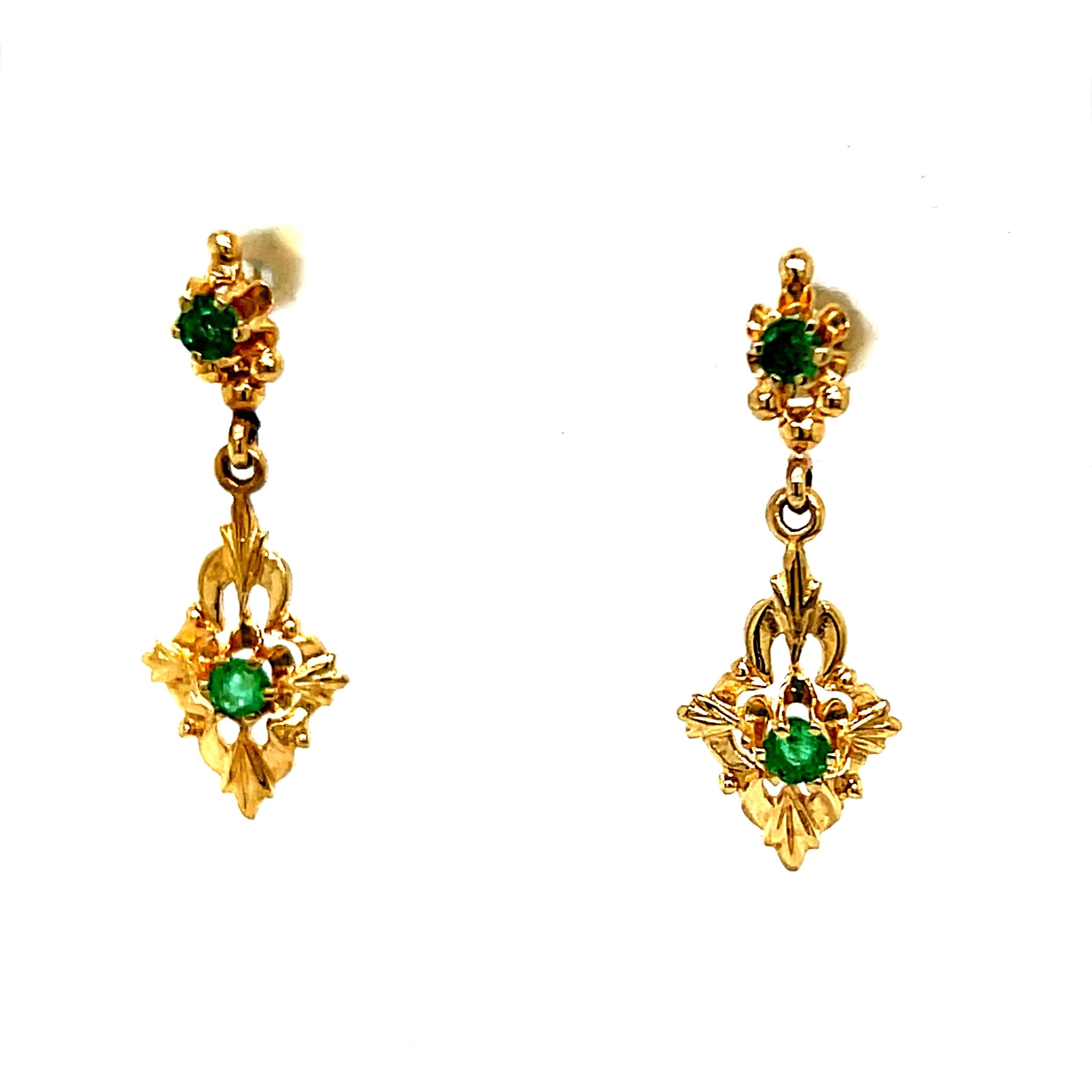 "Emeress" 14K Yellow Gold Emerald Estate Dangle Earrings