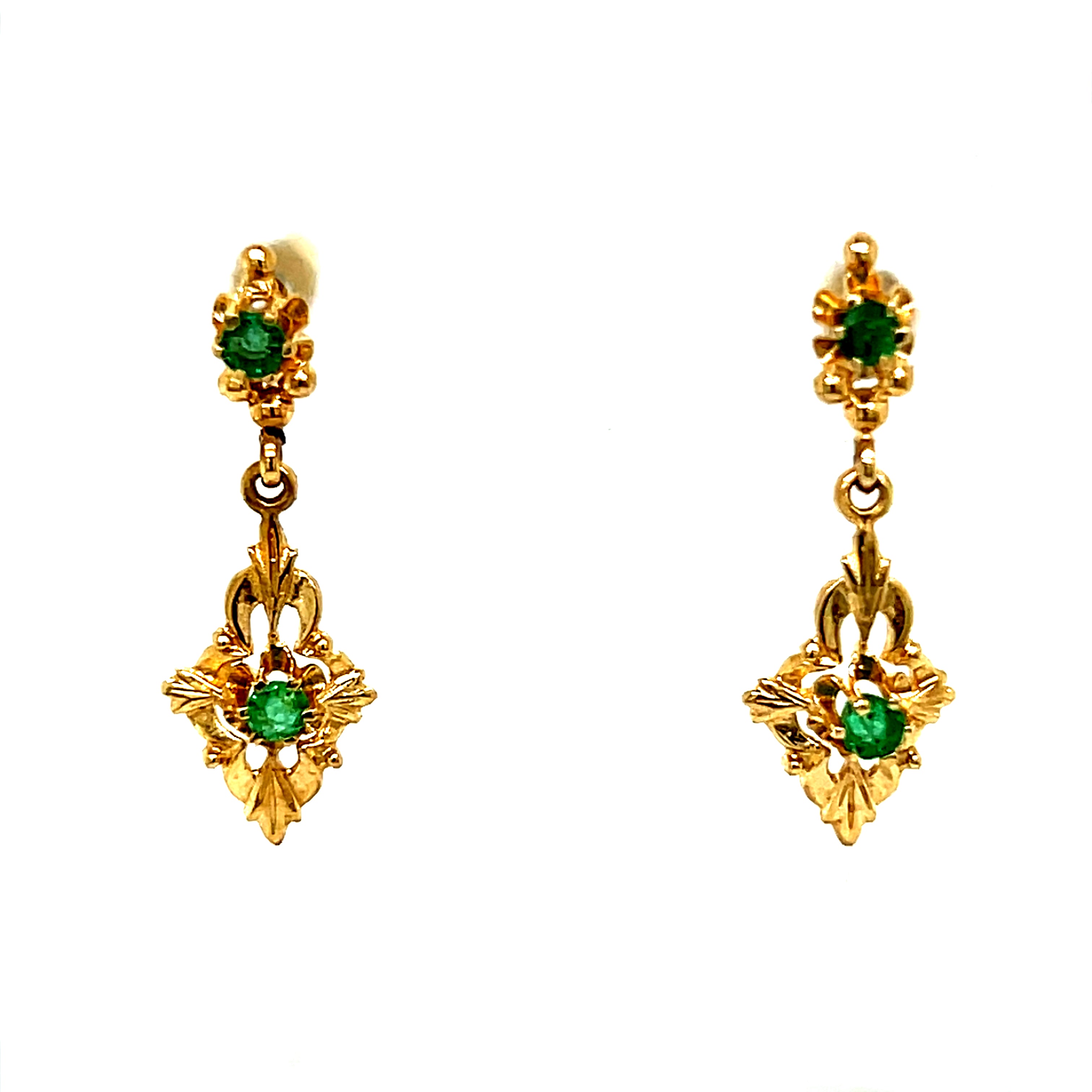 "Emeress" 14K Yellow Gold Emerald Estate Dangle Earrings