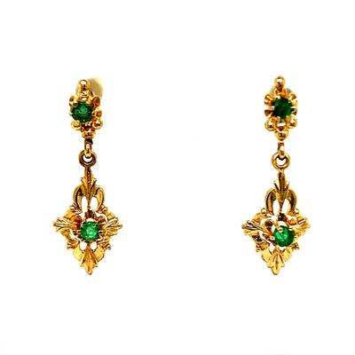 "Emeress" 14K Yellow Gold Emerald Estate Dangle Earrings