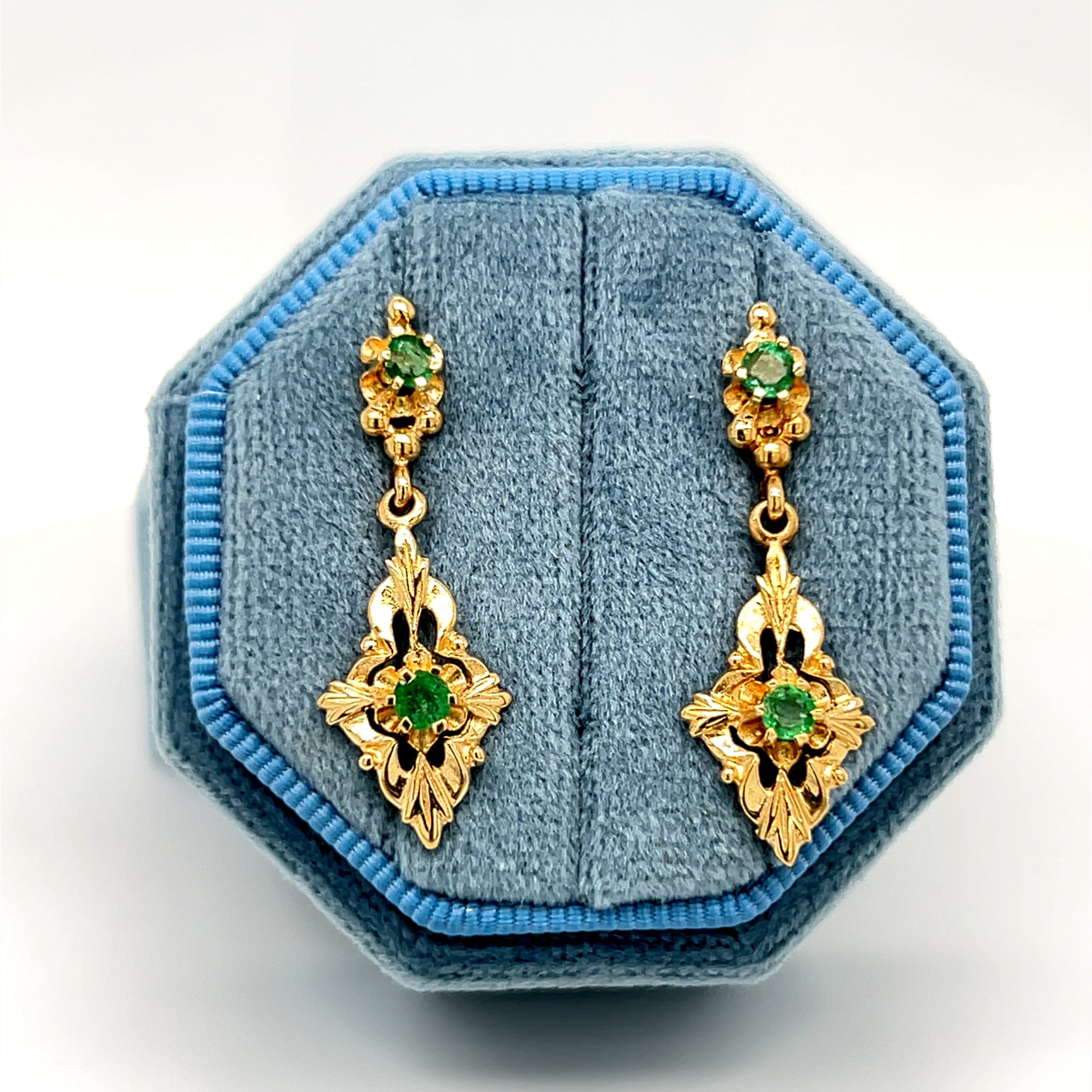 "Emeress" 14K Yellow Gold Emerald Estate Dangle Earrings