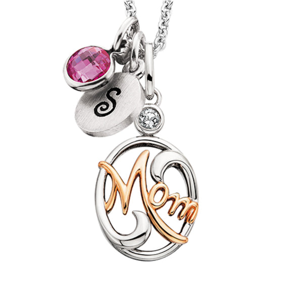 Mommy Chic Sterling Silver and Rose Gold Overlay “Mom” Pendant Necklace with White Topaz – Adjustable 18"–20" Chain