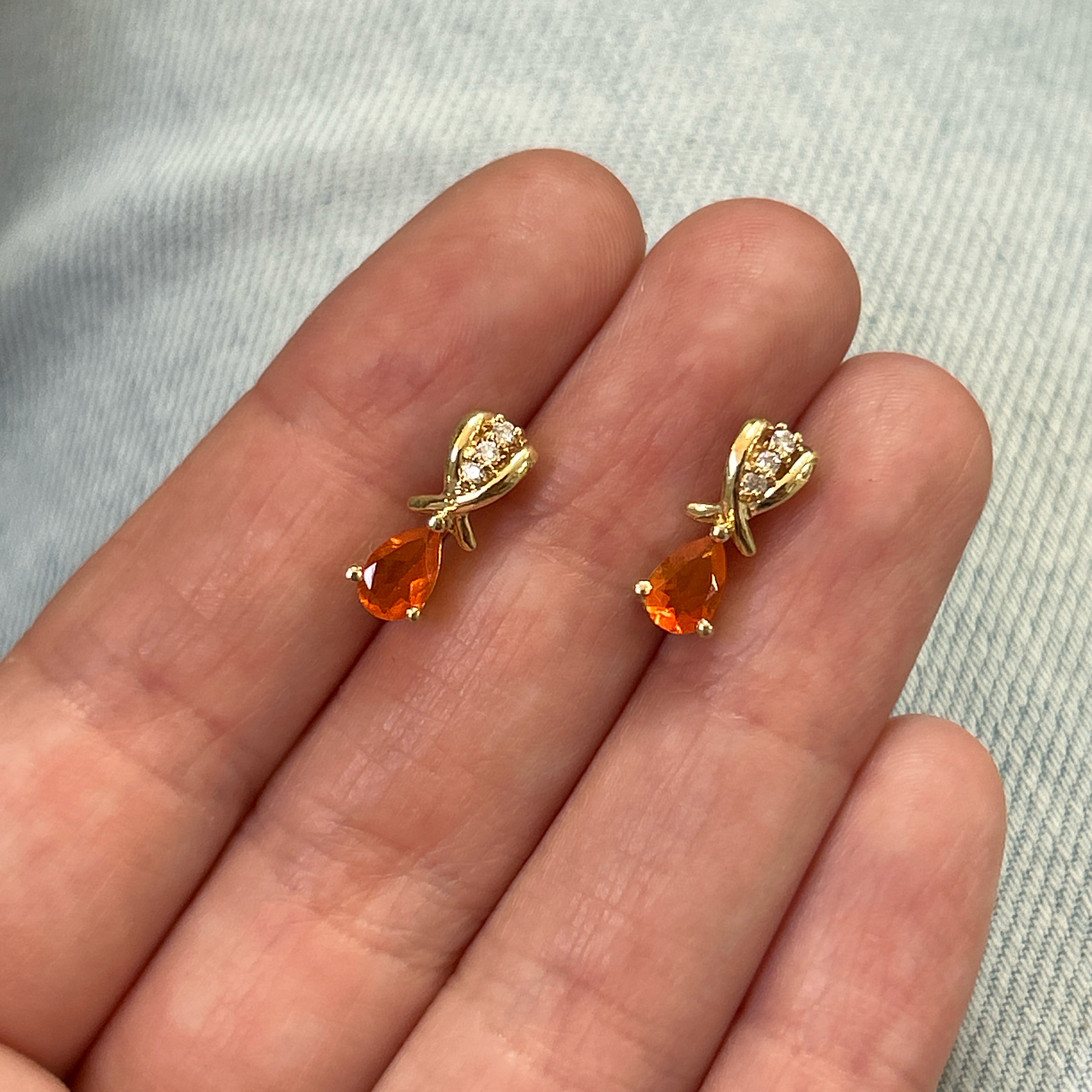 "Glow" 14K Yellow Gold Mexican Fire Opal and Diamond Studs Estate