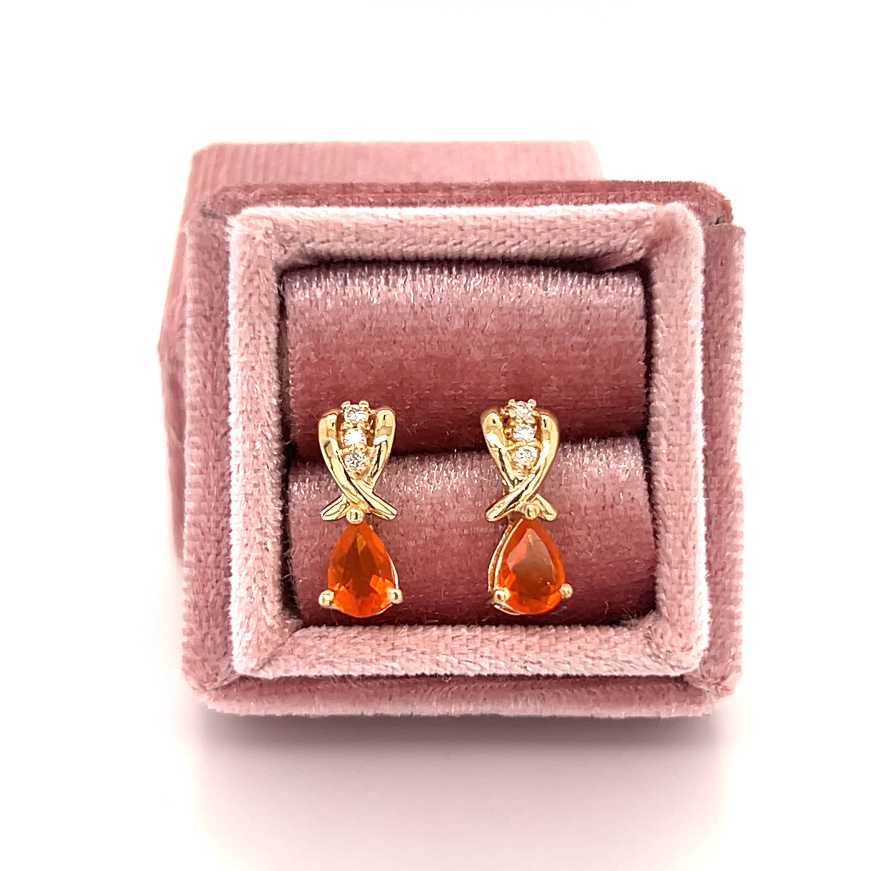 "Glow" 14K Yellow Gold Mexican Fire Opal and Diamond Studs Estate