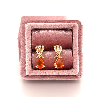 "Glow" 14K Yellow Gold Mexican Fire Opal and Diamond Studs Estate