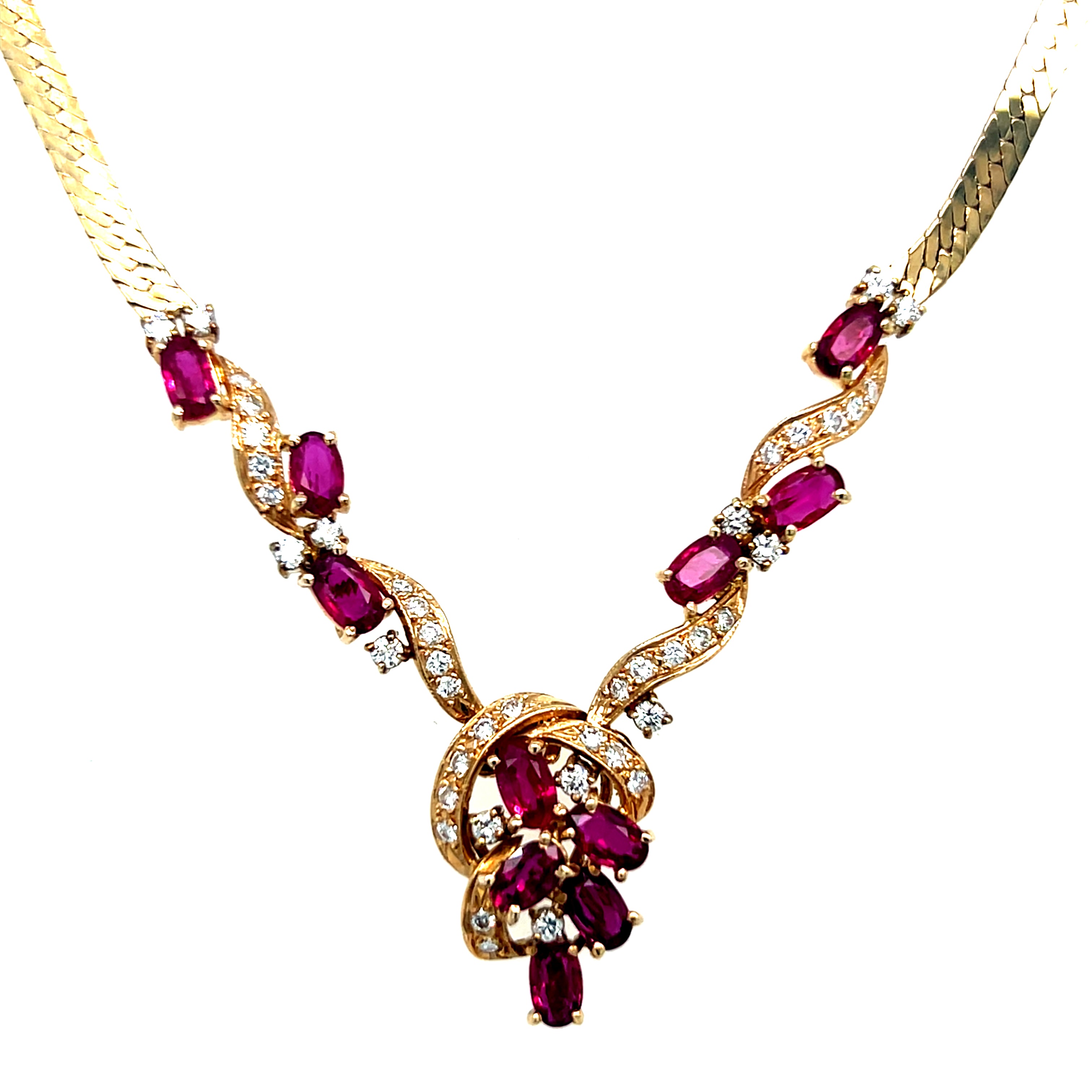 "Guinevere" 14K Yellow Gold 4 Carat Ruby and 0.75 Carat Diamond Necklace 13.3g Herringbone style 18" Princess Necklace Estate