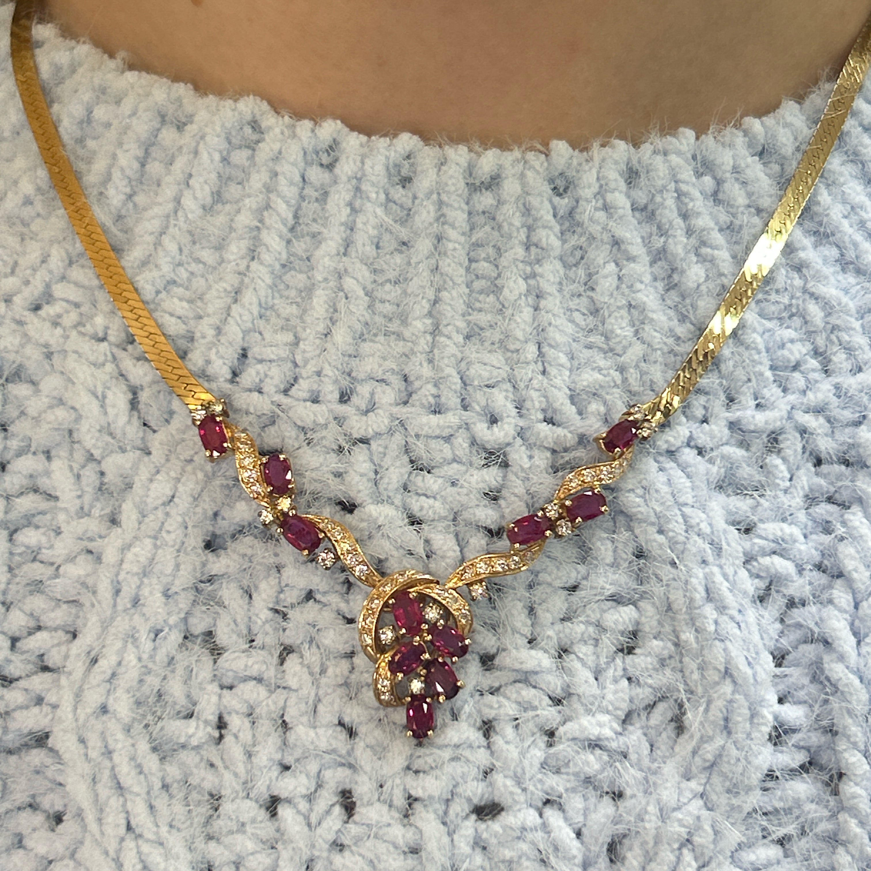 "Guinevere" 14K Yellow Gold 4 Carat Ruby and 0.75 Carat Diamond Necklace 13.3g Herringbone style 18" Princess Necklace Estate