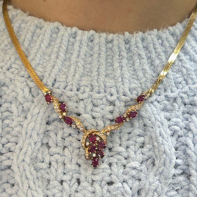 "Guinevere" 14K Yellow Gold 4 Carat Ruby and 0.75 Carat Diamond Necklace 13.3g Herringbone style 18" Princess Necklace Estate