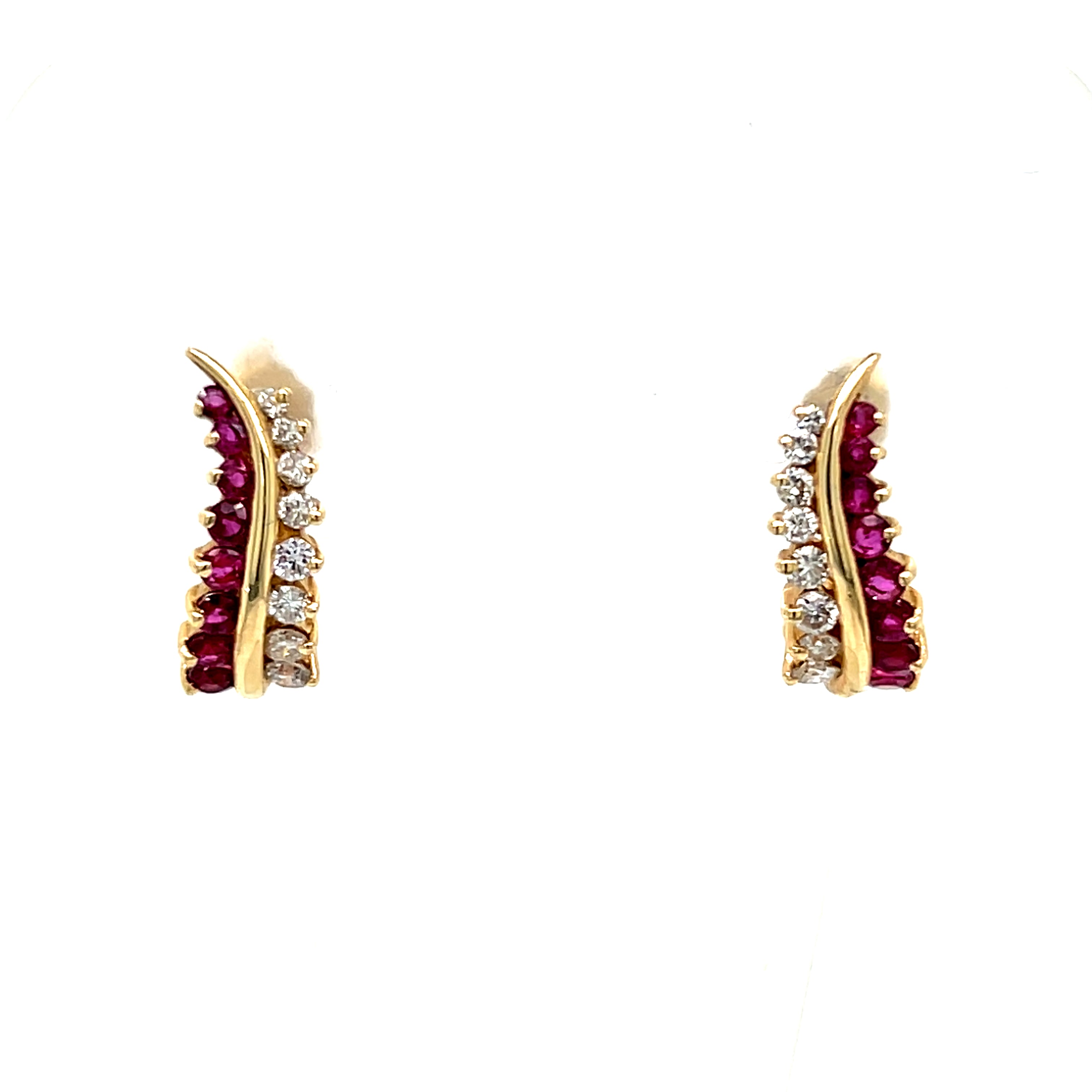 "Gwendolyn" 14K Yellow Gold Estate Ruby and Diamond J Hoop Earrings