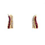 "Gwendolyn" 14K Yellow Gold Estate Ruby and Diamond J Hoop Earrings