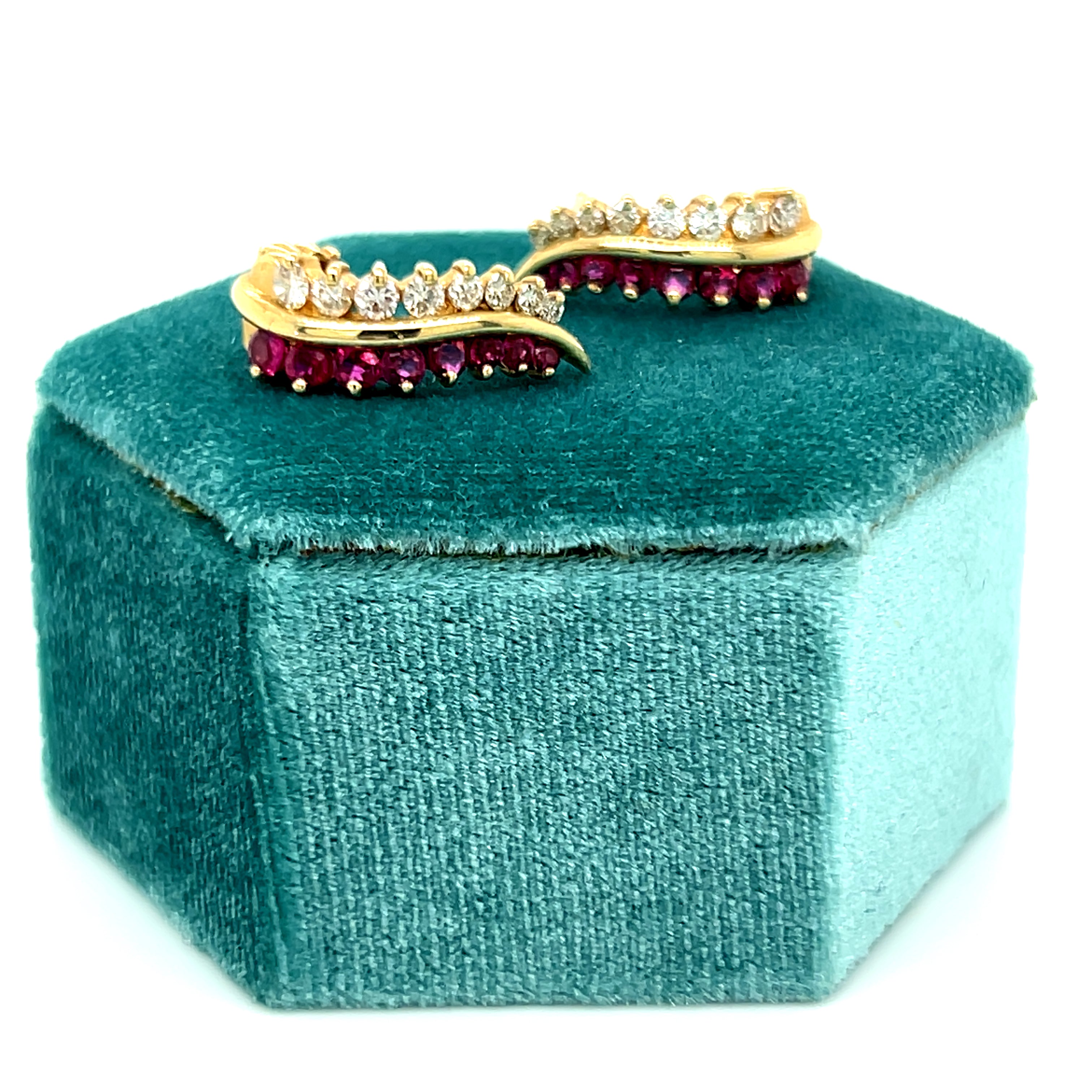 "Gwendolyn" 14K Yellow Gold Estate Ruby and Diamond J Hoop Earrings