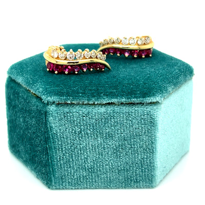"Gwendolyn" 14K Yellow Gold Estate Ruby and Diamond J Hoop Earrings