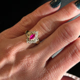 "Heron" 10K Yellow Gold 9x4 Ruby and Diamond Ring Estate