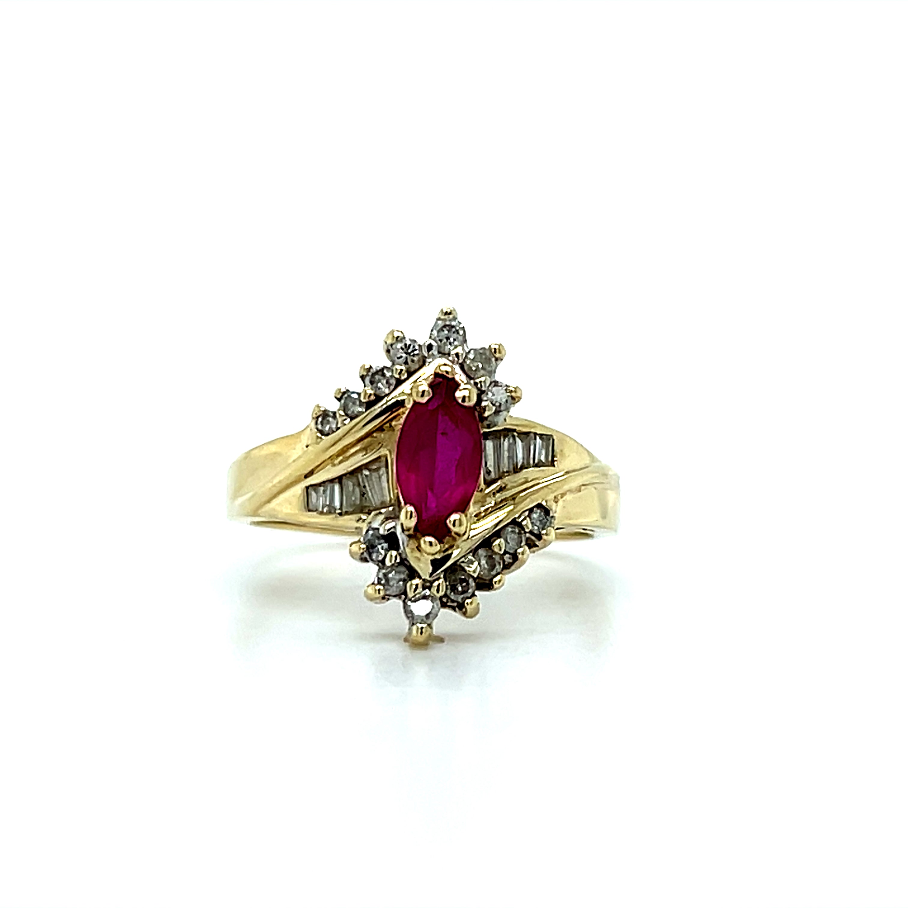 "Heron" 10K Yellow Gold 9x4 Ruby and Diamond Ring Estate