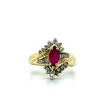"Heron" 10K Yellow Gold 9x4 Ruby and Diamond Ring Estate