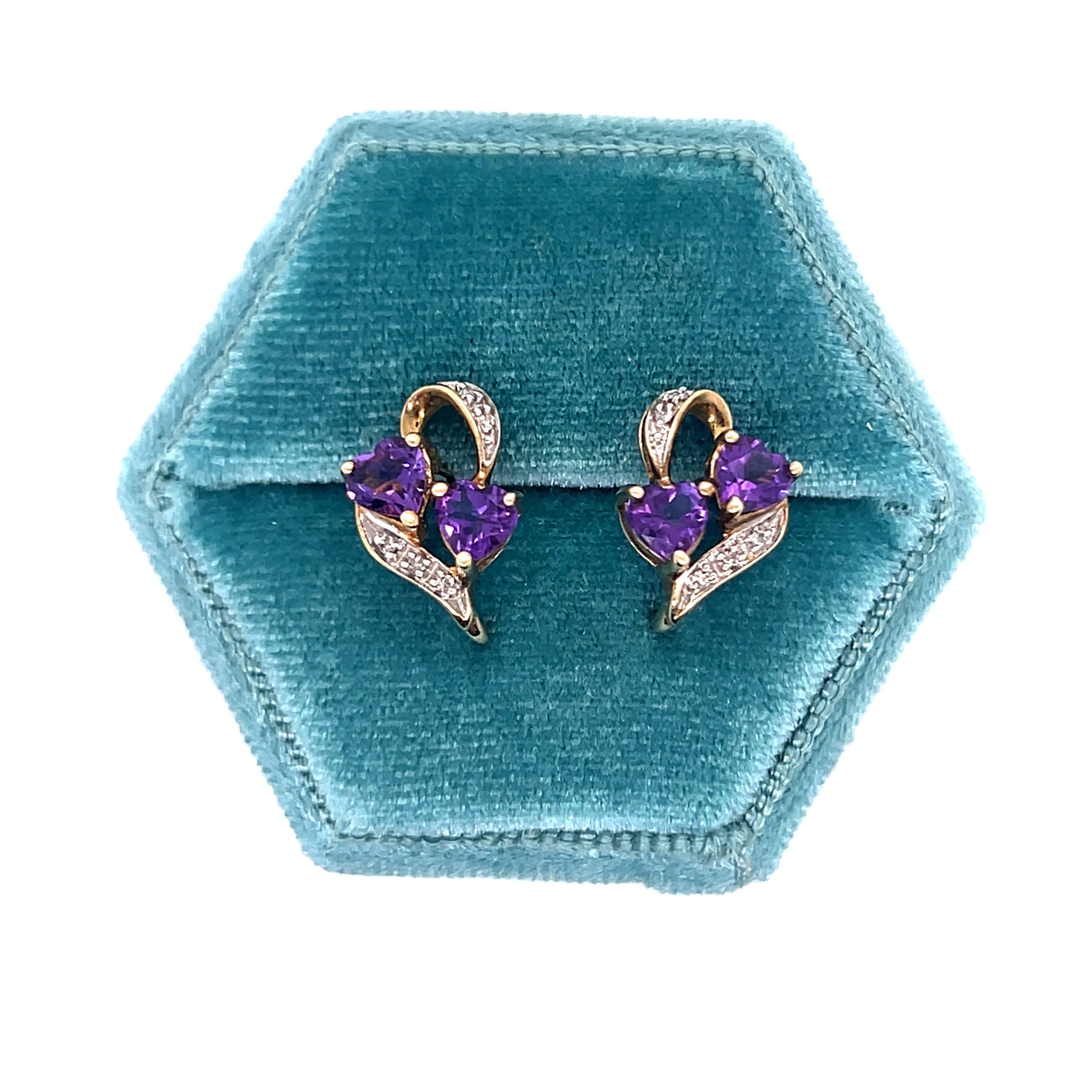 "Iris" 10K Yellow Gold Amethyst and Diamond Double Heart Earrings Estate