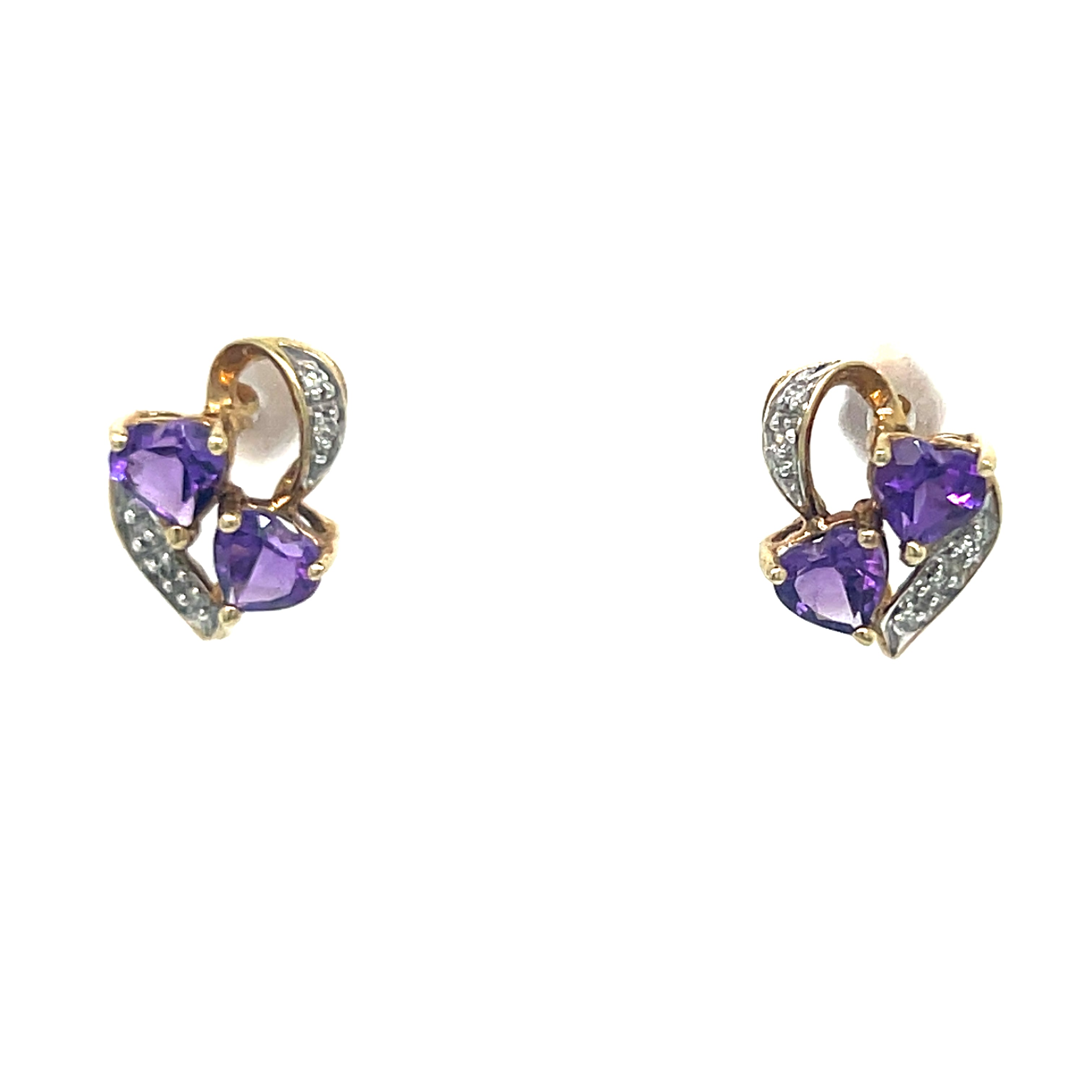 "Iris" 10K Yellow Gold Amethyst and Diamond Double Heart Earrings Estate
