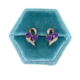 "Iris" 10K Yellow Gold Amethyst and Diamond Double Heart Earrings Estate