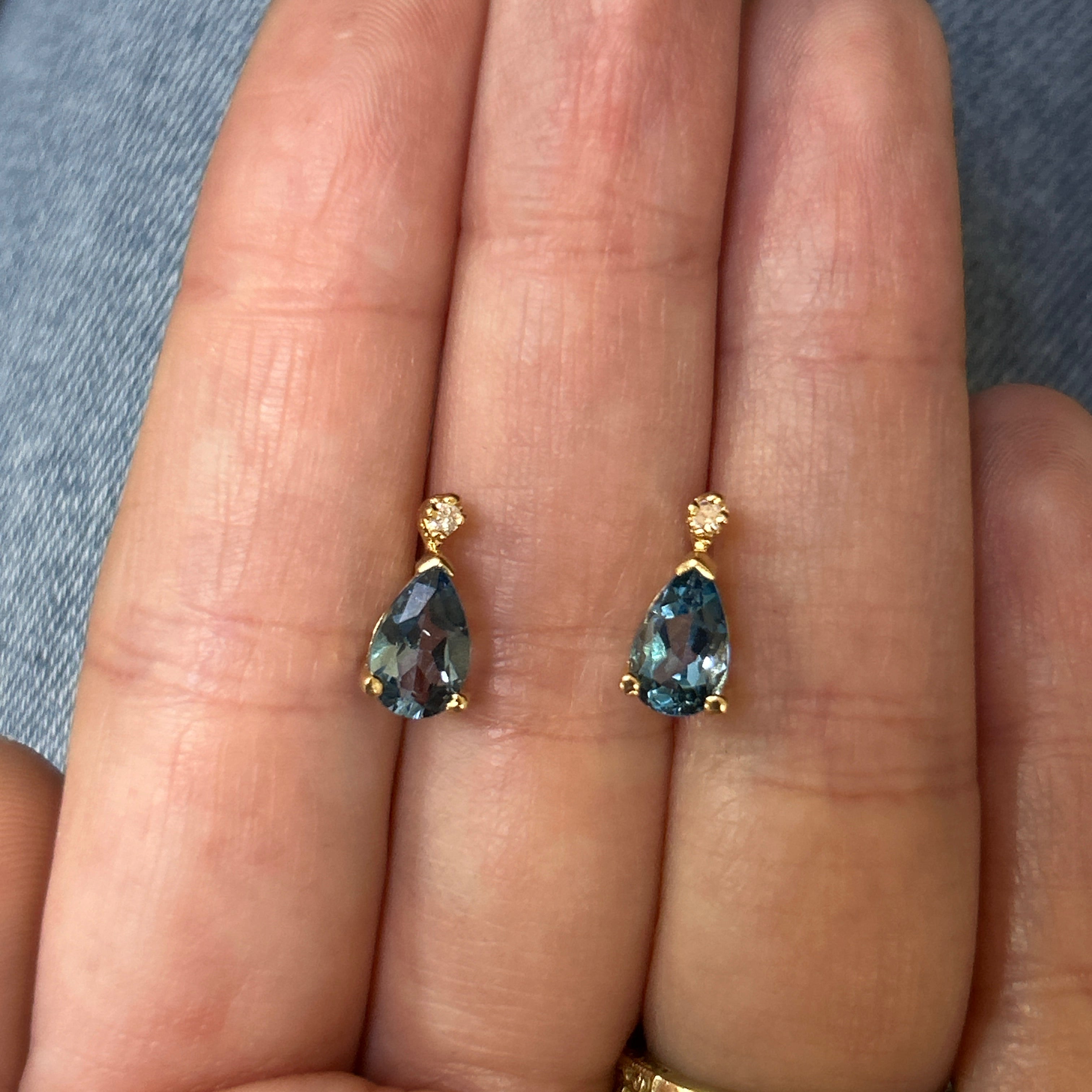 "Juno" 14K Yellow Gold 8x7mm Swiss Blue Topaz and Diamond Stud Earrings Estate