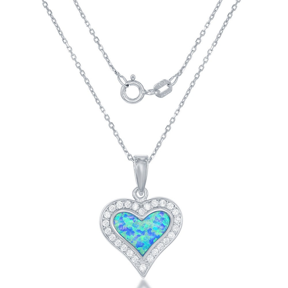 Sterling Silver Cubic Zirconia and Blue Inlay Opal Heart Necklace