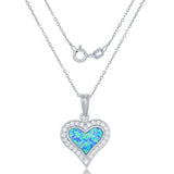 Sterling Silver Cubic Zirconia and Blue Inlay Opal Heart Necklace