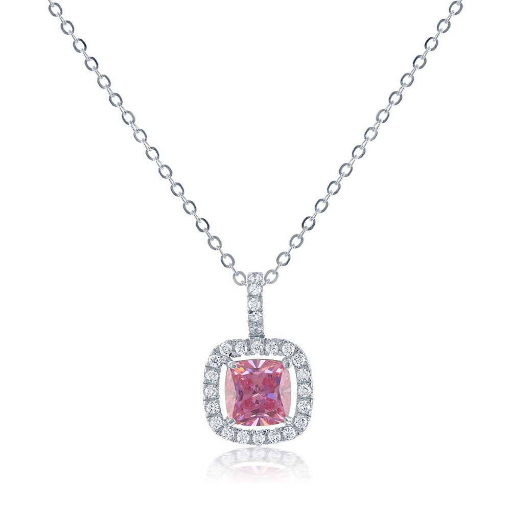 Sterling Silver Pink and White CZ Micro Pave Square Pendant