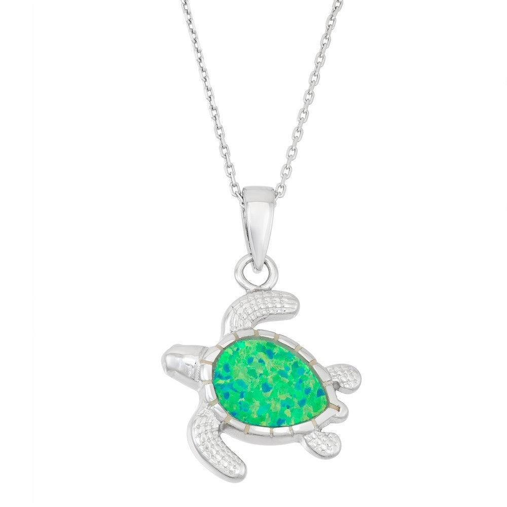 Sterling Silver Green Inlay Opal Turtle Necklace 18"
