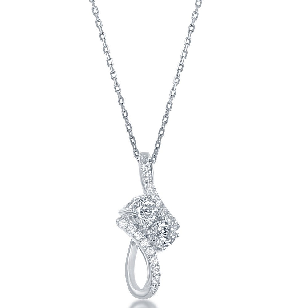 Sterling Silver Thin Long "Us2gether" Cubic Zirconia Pendant