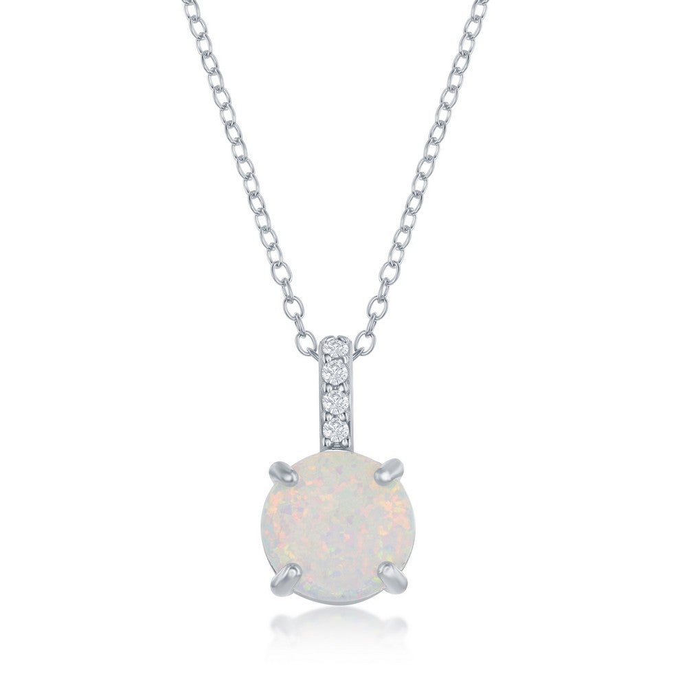 Sterling Silver Prong-Set Round White Opal with Cubic Zirconia Pendant