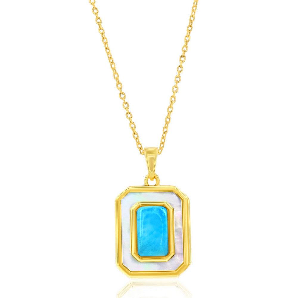 Sterling Silver Gold Plated Larimar and Mother of Pearl Rectangle Necklace 18"