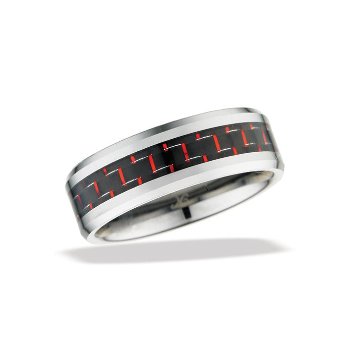 Men's Black Tungsten 8mm Band with Red Carbon Fiber Inlay Size 13