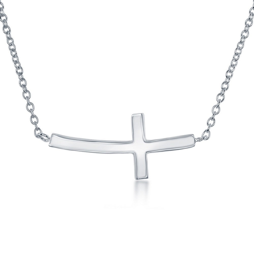 Sterling Silver Rhodium Plated Curved Sideways Cross Necklace 16+2"