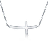 Sterling Silver Rhodium Plated Curved Sideways Cross Necklace 16+2"
