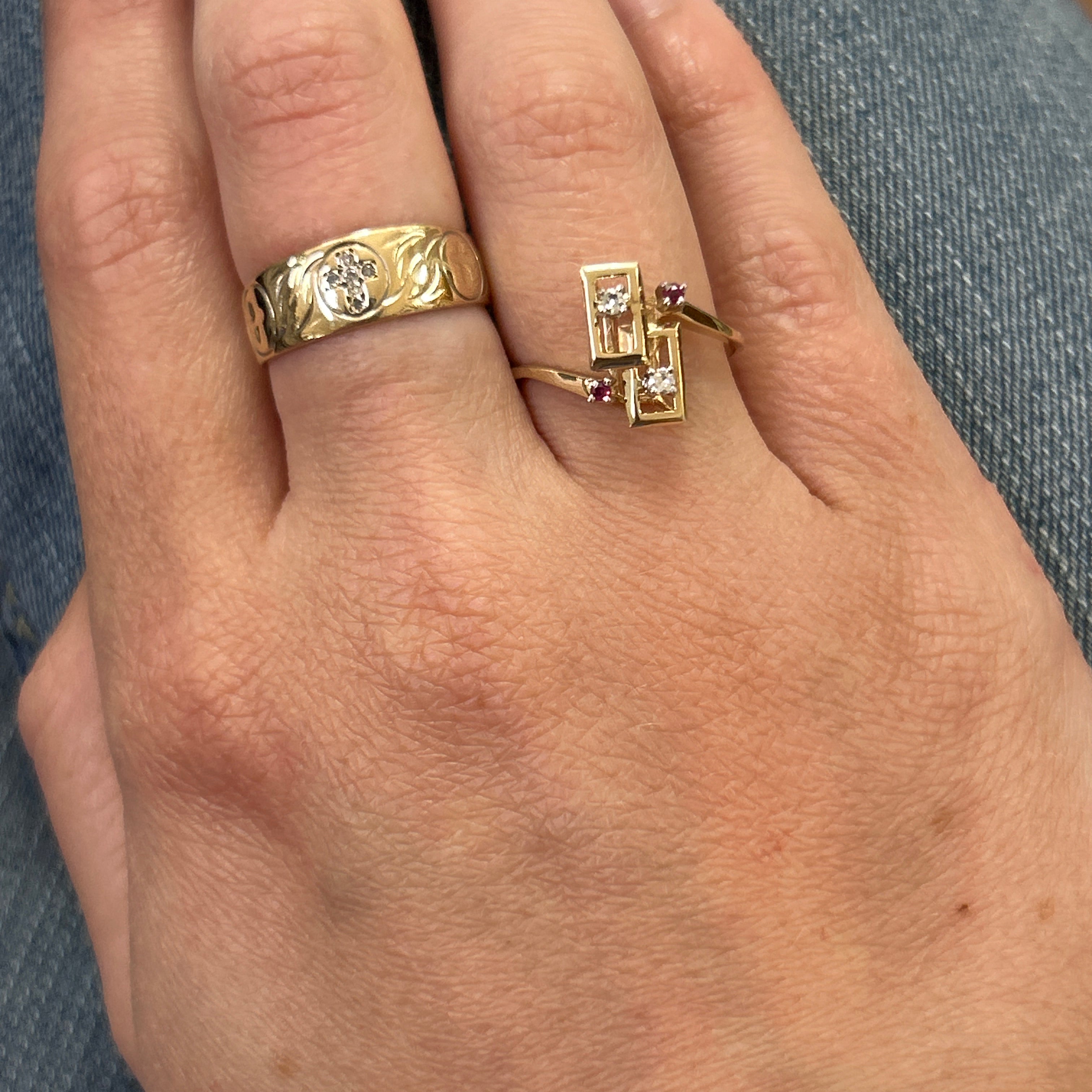 "Lisa" 10K Yellow Gold Diamond and Ruby Art Deco Revival 1970s Ring Estate