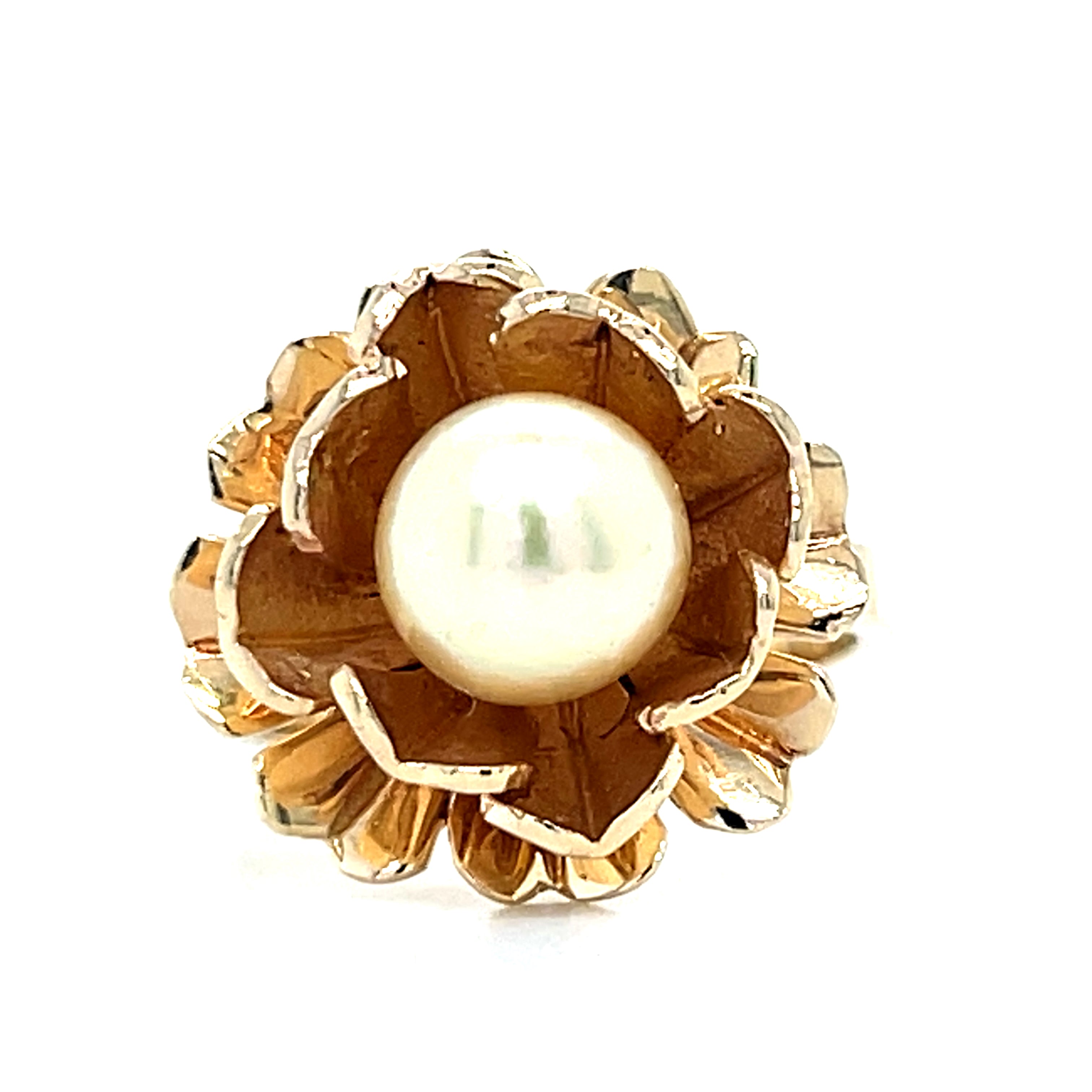 "Lotus" 14K Yellow Gold 8mm Pearl Flower Inspired Ring Estate