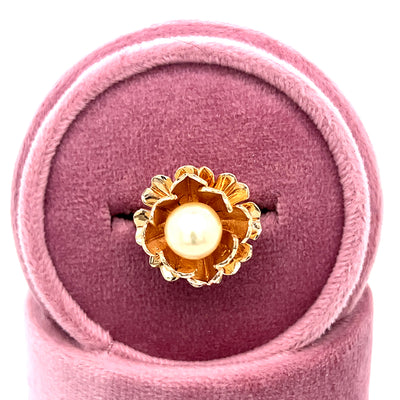 "Lotus" 14K Yellow Gold 8mm Pearl Flower Inspired Ring Estate