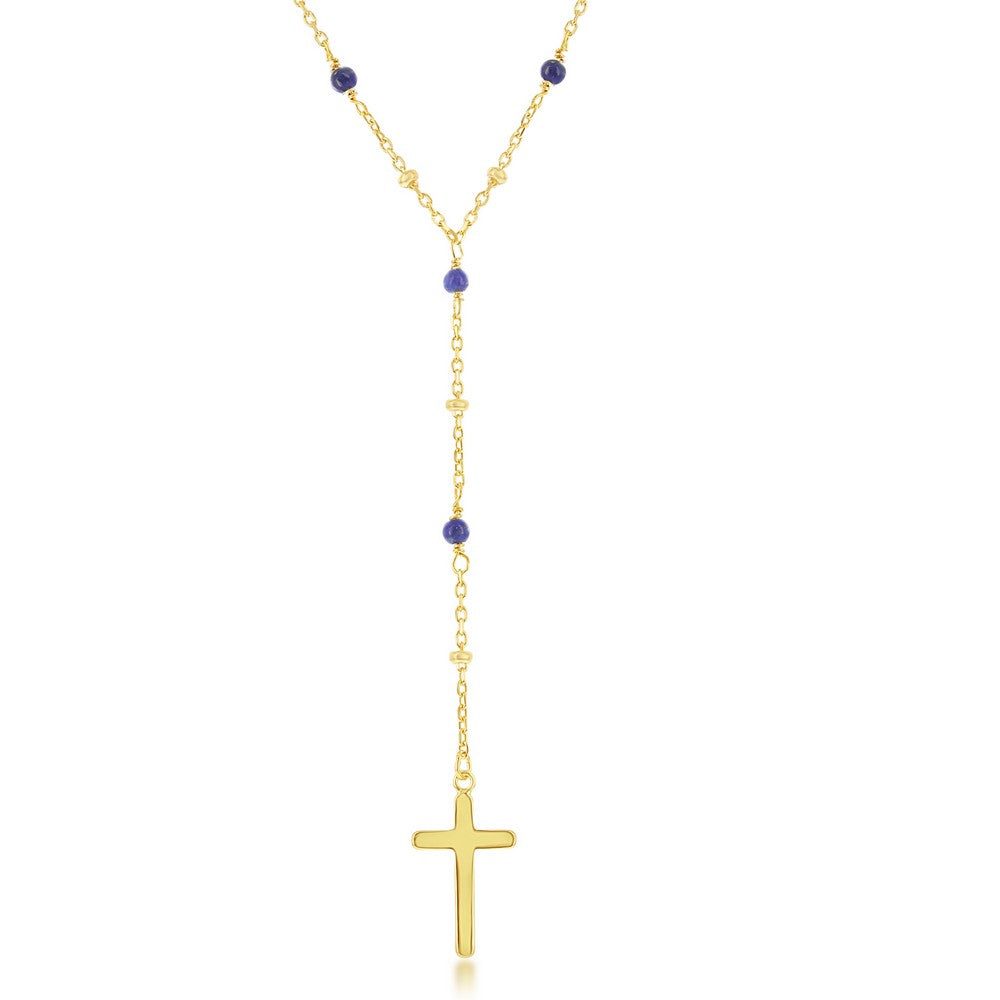 Sterling Silver Lapis and Plain Beads by the Yard Cross Rosary Necklace16+2"