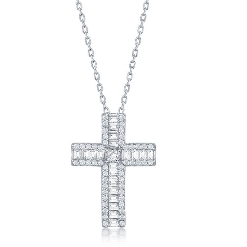Sterling Silver Baguette Cubic Zirconia ~19x15mm  Cross Necklace 16+2"