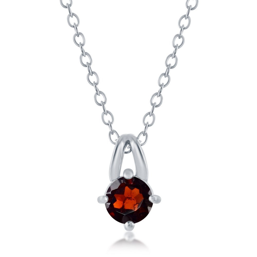 Sterling Silver Four-Prong 5mm Round Garnet Pendant Necklace (16" + 2")