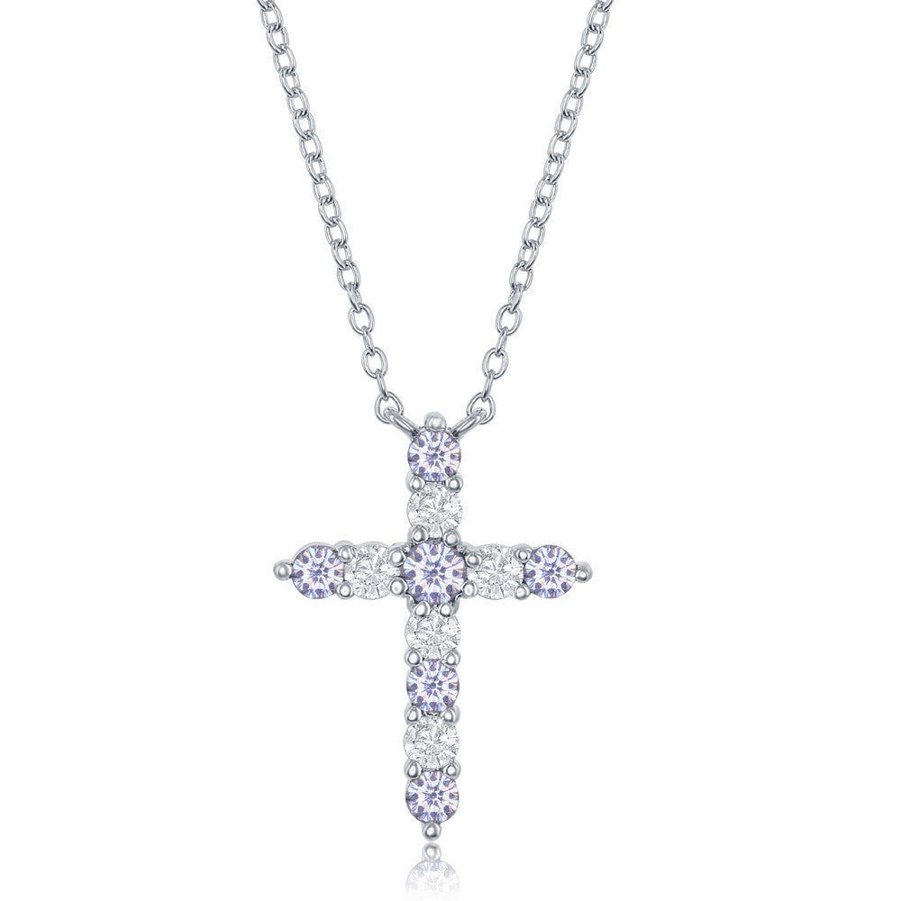 Sterling Silver Lavender Cubic Zirconia June Birthstone Cross Pendant 16+2"