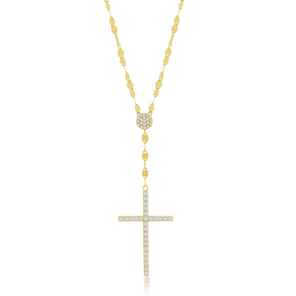 Sterling Silver Gold-Plated Cubic Zirconia Cross Mirror Chain Pendant Necklace 16+2"
