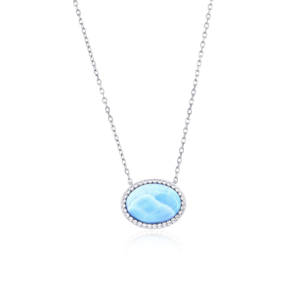 Sterling Silver Beaded Outline Oval Larimar Pendant Necklace 16+2"